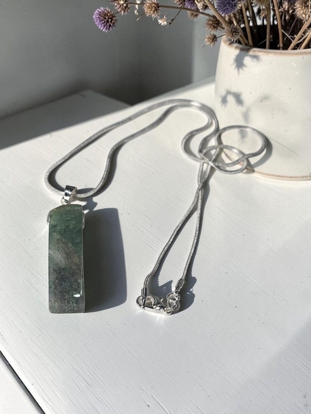 Silver Moss Agate Rectangular Pendant Necklace - Women Jewelry - Picture 2 of 7